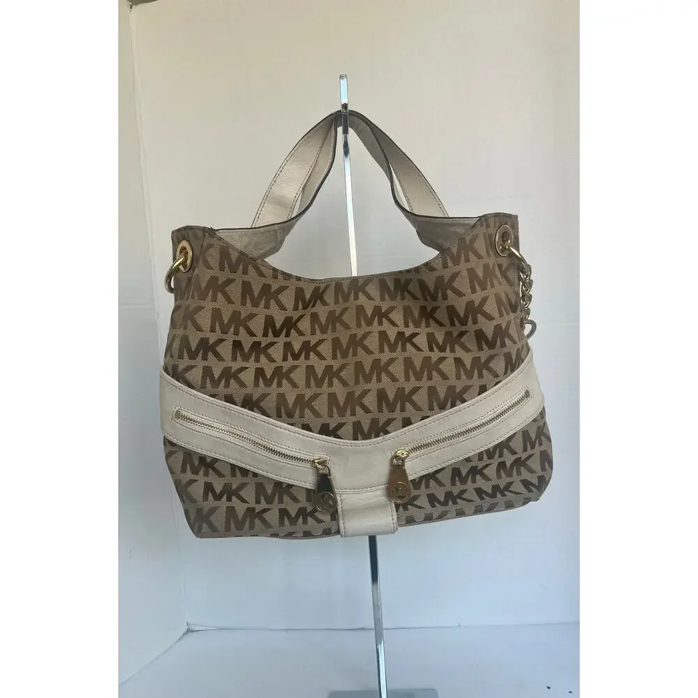 Michael Kors Signature Brown Canvas with‎ White Leather Shoulder/Hand Bag Purse